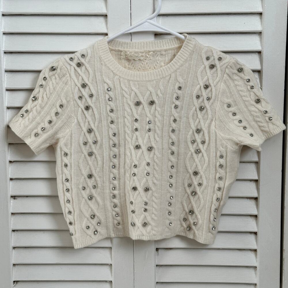 Italian Boutique Rhinestone Cable Knit Crop Top Sweater Cream Ivory XS/S